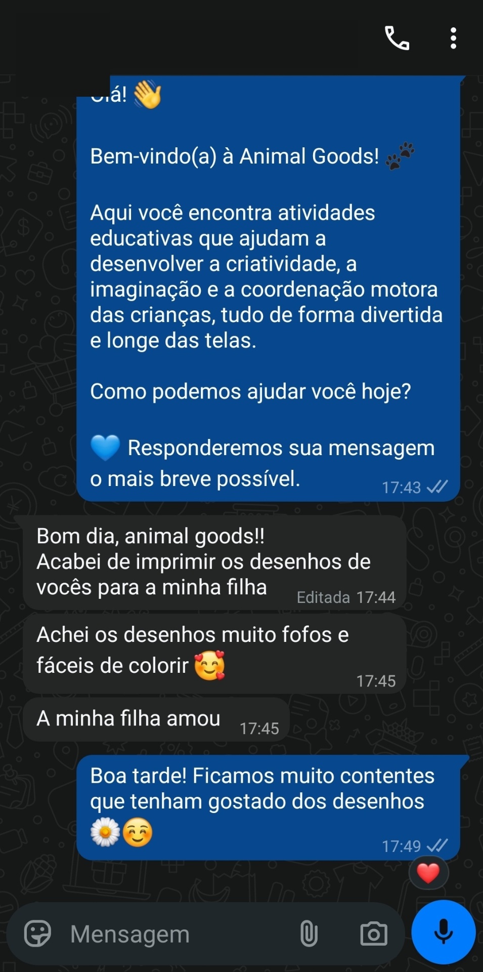 Depoimento de cliente no WhatsApp